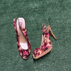 Y2K Pink and purple tie-dye heels with wooden‎ heel